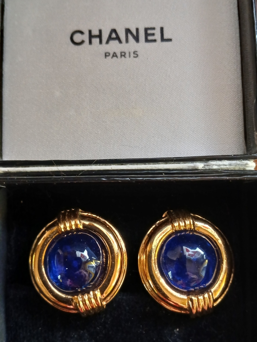 CHANEL Gold and Deep Blue Round Giroux Clip-On Earrings